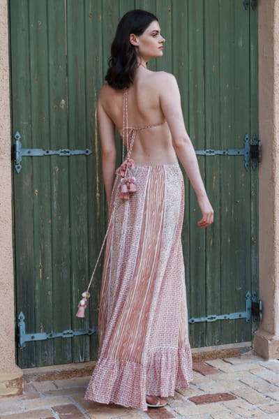 Shruti Sancheti Salmon pink print embroidered maxi dress SHRUJUN26D147590
