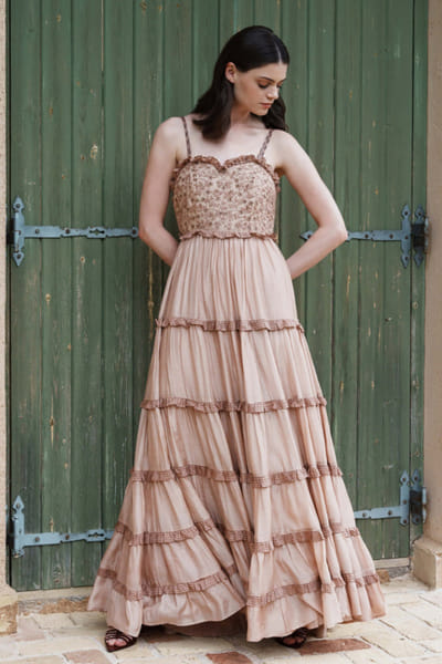 Shruti Sancheti Nude embroidered tiered maxi dress SHRUJUN26D147591