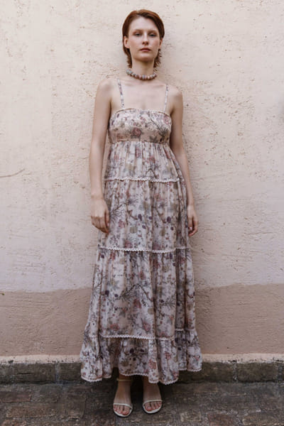 Shruti Sancheti Nude chintz printed tiered midi dress SHRUJUN26D147592