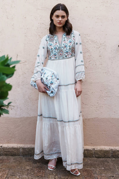 Shruti Sancheti White paisley embroidered tiered maxi dress SHRUJUN26D147599