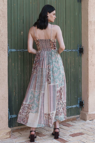 Shruti Sancheti Beige printed gathered midi dress SHRUJUN26D147608