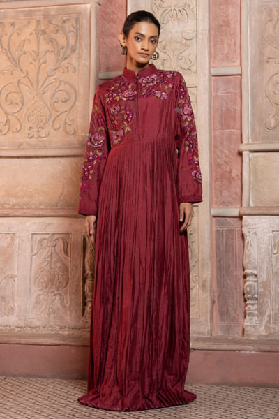 Maroon applique embroidered pleated maxi dress