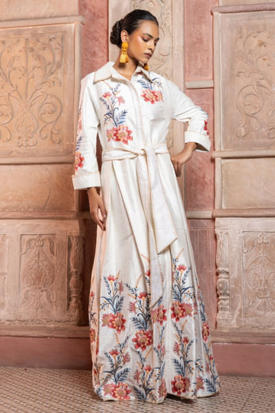 White embroidered belted maxi dress