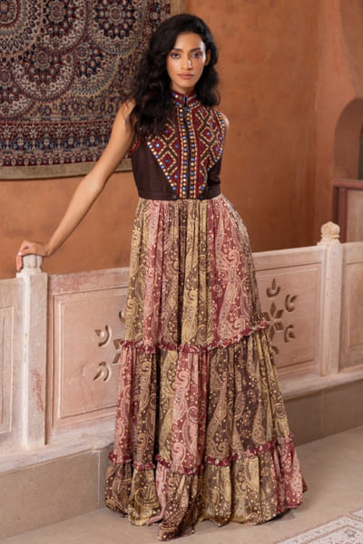 Multicoloured colourblocked printed maxi dress