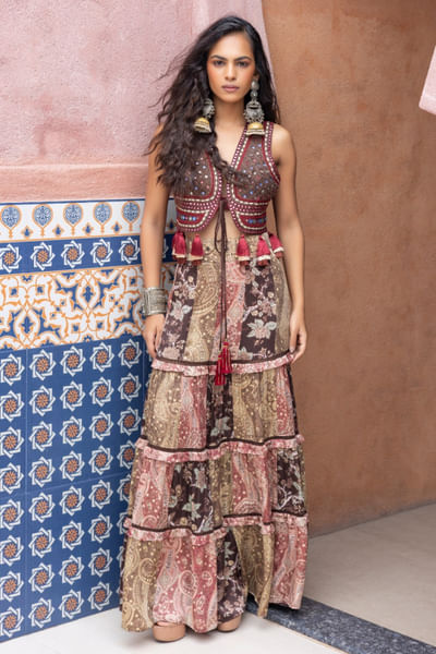 Multicoloured mirror embroidered sharara set