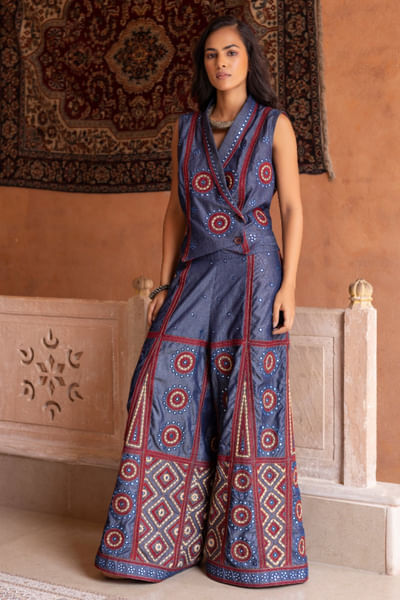 Blue mirror embroidered denim co-ord set