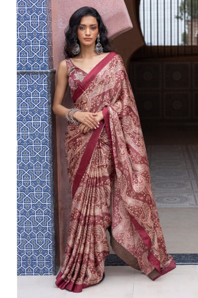 Maroon paisley printed sari set