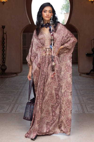 Brown paisley printed embroidered kaftan
