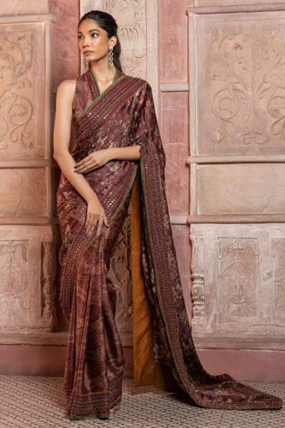 Cherry cola paisley print embroidered sari set