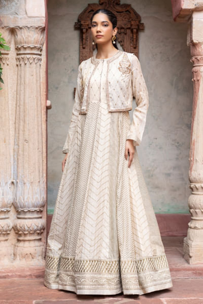 Ivory printed paisley embroidered anarkali set