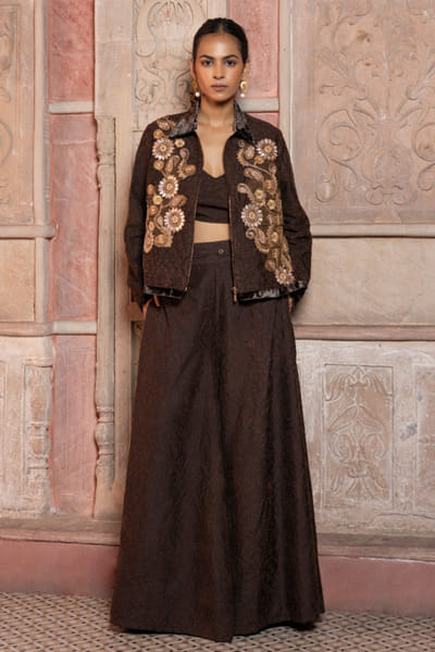 Brown paisley embroidered long jacket set