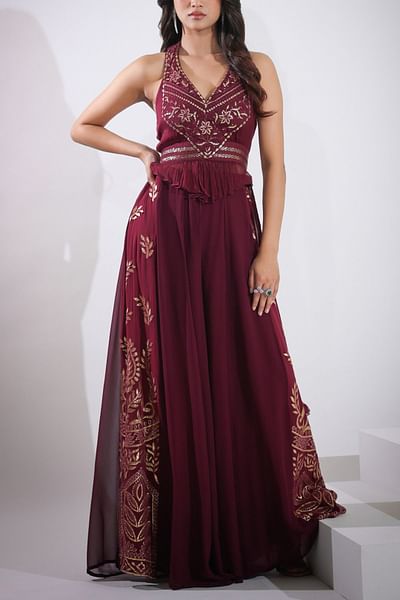 Wine embroidered peplum and palazzo set