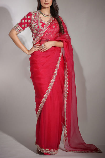 Cherry red embroidered sari set