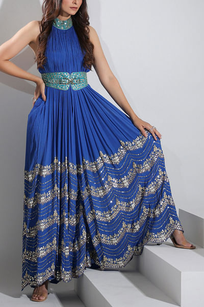 Cobalt blue embroidered jumpsuit
