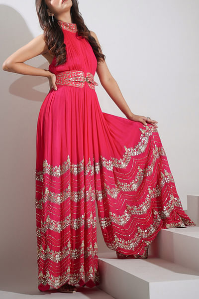 Hot pink embroidered jumpsuit