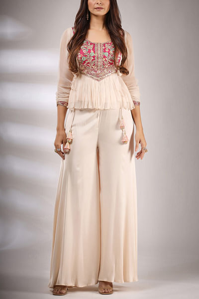 Embroidered peplum top and pant set