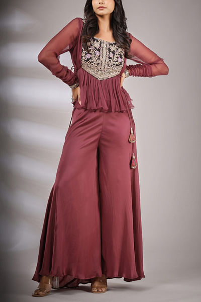 Wine embellished top and pant set