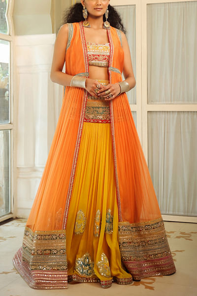 Orange long jacket and lehenga set