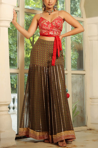 Red embroidered top and sharara