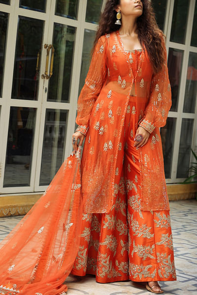 Orange organza jacket and sharara set