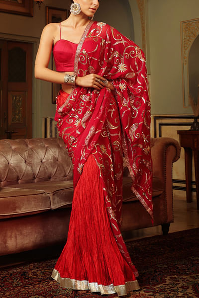 Red embroidered lehenga sari set
