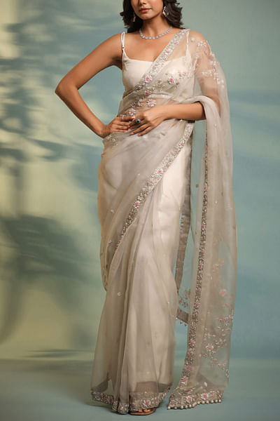 Grey embellished sari set