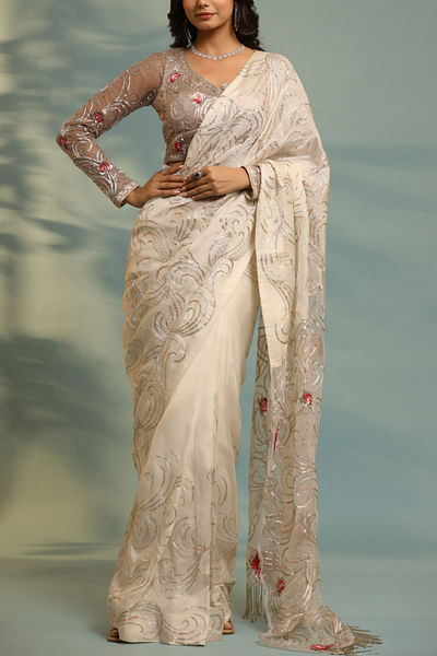 Ivory embellished sari set