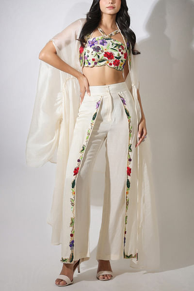 Ivory embroidered crop top and pants set