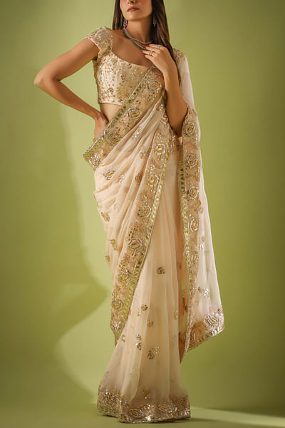 Nude beige rose embellished sari set