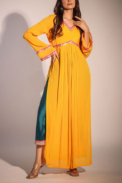 Mango yellow embroidered kurta set