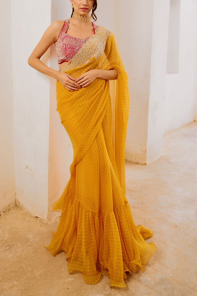 Marigold yellow cutdana embroidery sari set