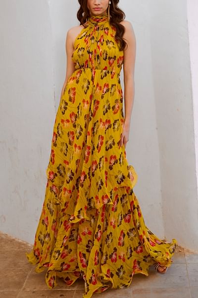 Bumblebee green layered halter maxi set