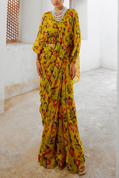 Bumblebee green poppy plant print sari set