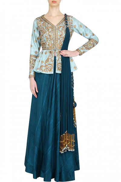 Ice blue peplum over teal blue skirt and twisted dupatta