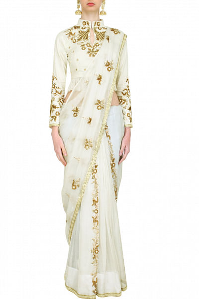Ivory linen silk sari with khaadi collared blouse