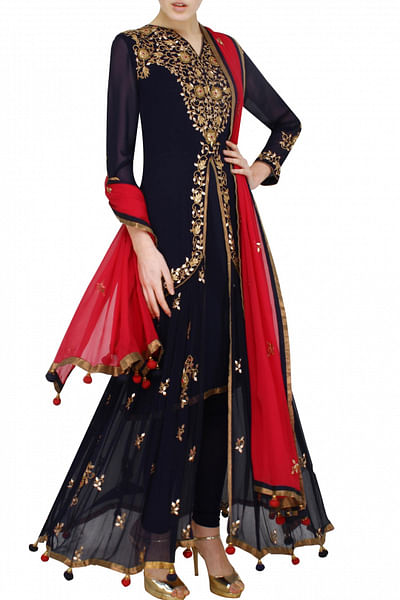 Midnight blue suit with leggings and red dupatta
