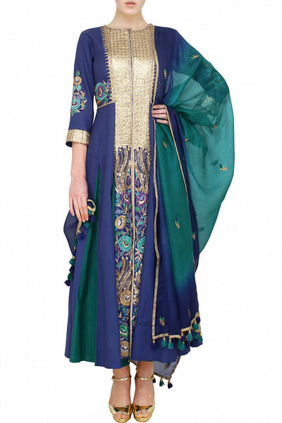 Blue khaadi kalidar with shaded dupatta and leggings
