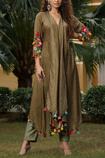 Sage green printed tunic set