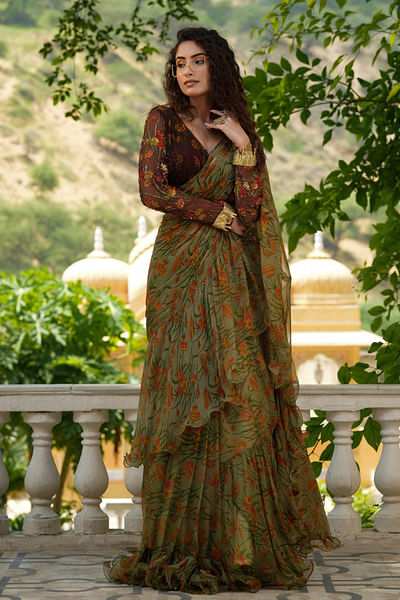 Sage green printed ruffle sari set