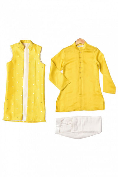 Yellow mirror embellished kurta and waistcoat set