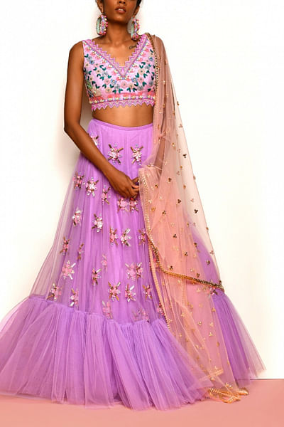 Lilac floral embellished tiered lehenga set