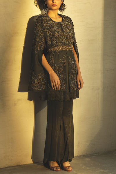 Olive floral embroidered cape and pants