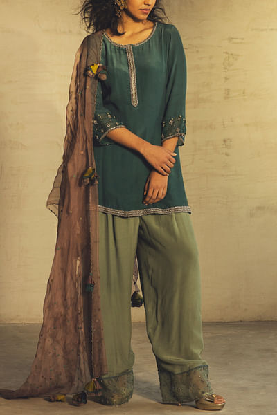 Teal and green embroidered salwar kameez set
