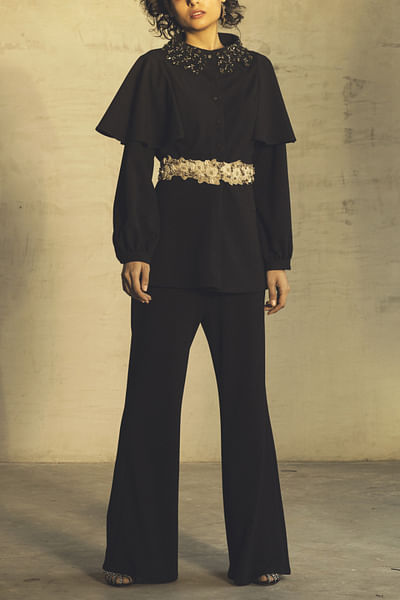 Black embroidered jacket with flared pants