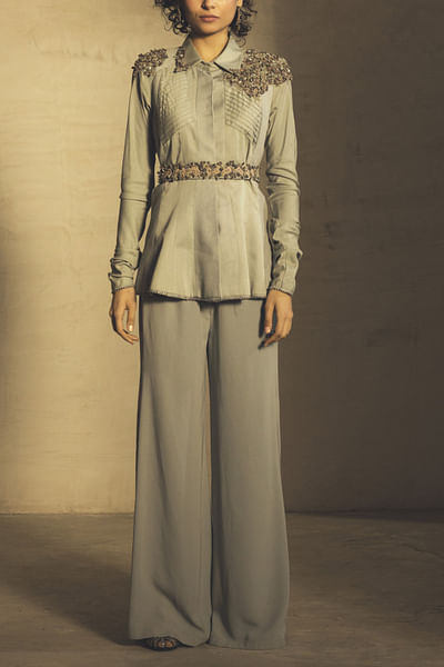 Pale blue embroidered co-ordinates with belt