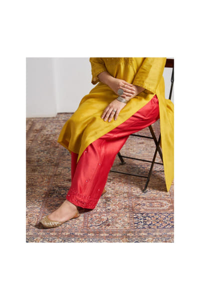 Red silk abla embroidered pants