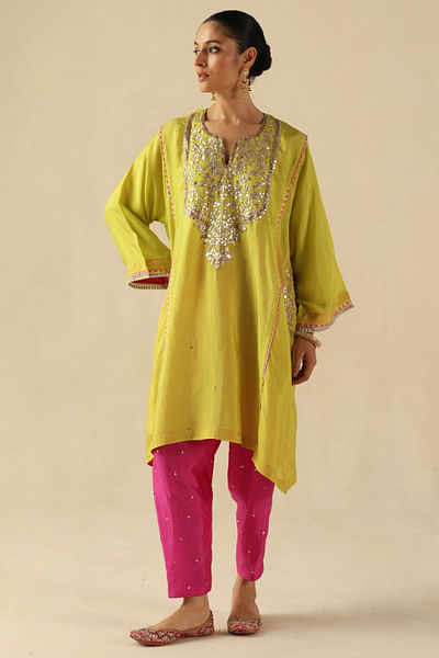 Lime green and fuchsia embroidered kurta set