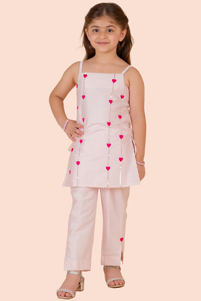 Light pink heart embroidered kurta set
