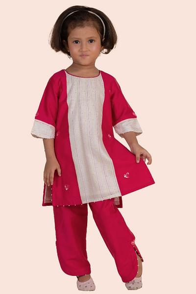 Rani pink and white heart embroidered kurta set