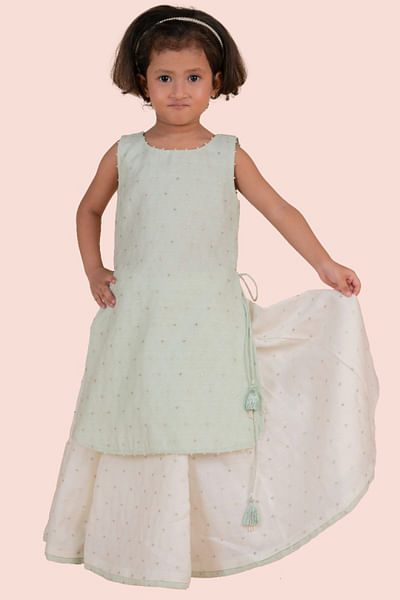 Lime green and white banarasi kurta and skirt
